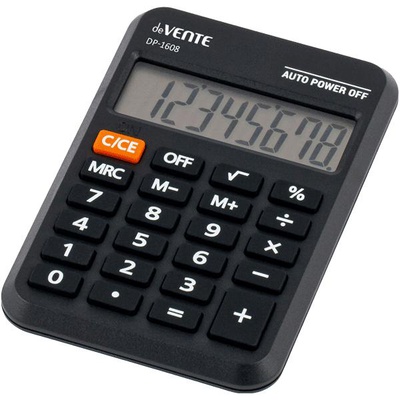 Калькулятор карманный deVENTE DP-1608 , 8 разр., двойное питание, 58х88х11мм, автоматическое вычисление квадратного корня, поцентов, работа с памятью, черный, в картонной коробке, 4030304