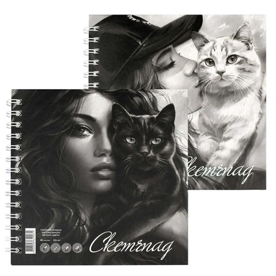 Альбом для рисования (Скетчпад) 80л. (195х195мм) на гребне Девушка с котом, блок - офсет бумага 100 г/м2, твердый переплет, матовая ламинация, 71628