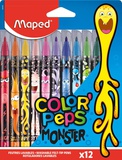 Фломастеры 12цв. MAPED Color Peps Monster, смываемые чернила, заблокированный средний пищущий узел, декорированные, в картонном футляре с подвесом [845400]