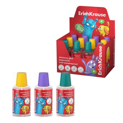 Клей канцелярский 20 мл, ErichKrause EasyStick Jolly Friends, с кисточкой, ассорти, в картонном дисплее, ЕК61287