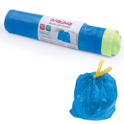 Мешки для мусора с завяз 60л,, синие, в рулоне 20 шт., ПНД, 12 мкм, 55х62 см (±5%), прочные, ЛАЙМА, 601397