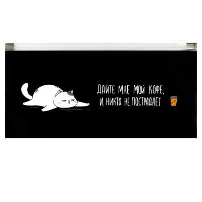 Папка на молнии 260*140мм 180 мкм непрозрачная черная с рисунком, Феникс+ Кот, УФ-печать [69013]