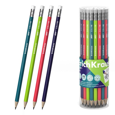 Карандаш чернографитный ErichKrause JOY® Reef, HB, пластиковый, круглый, заточенный, с ластиком, суперстираемый ЕК62768