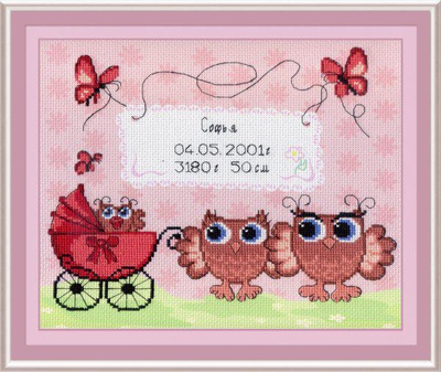 Набор для вышивания с нитками М.П.Студия 22х25см, МЕТРИКА (совята,розовая) РК-317