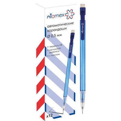 Карандаш механический 0,5 мм Attomex НВ, корпус пластиковый полупрозрачный, с ластиком, цвет в ассортименте, 5010301