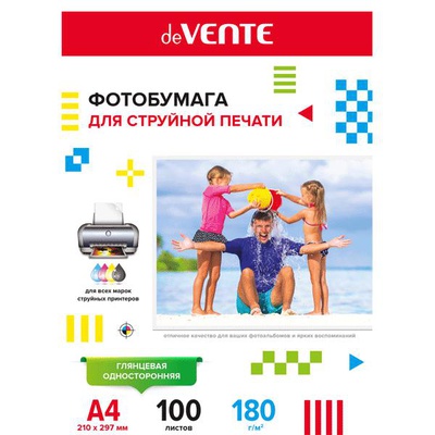 Фотобумага односторонняя для струйной печати, A4, 100 л., 180 г/м2, глянцевая, deVENTE, в пластиковом пакете с европодвесом, 2042901