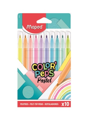 Фломастеры 10цв. Maped ColorPeps Pastel, смываемые чернила, заблокированный средний пищущий узел, в картонной коробке с подвесом [845469]
