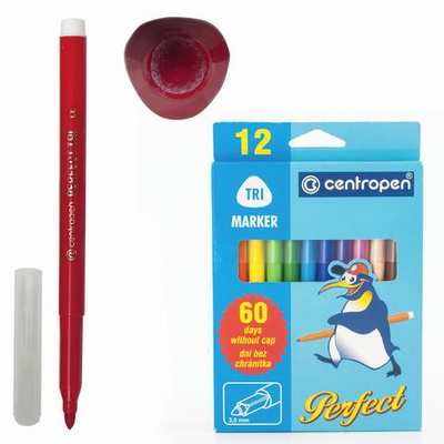Фломастеры 12цв., Centropen PERFECT треуг. корпус, с невысыхающими чернилами, линия письма 2-3 мм, в картонной каробке 029448