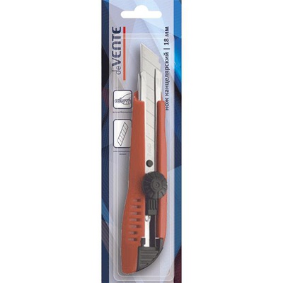 Нож канцелярский 18 мм deVENTE,  металлические направляющие, ручная блокировка лезвия, картонный блистер, черный с красным 4090308