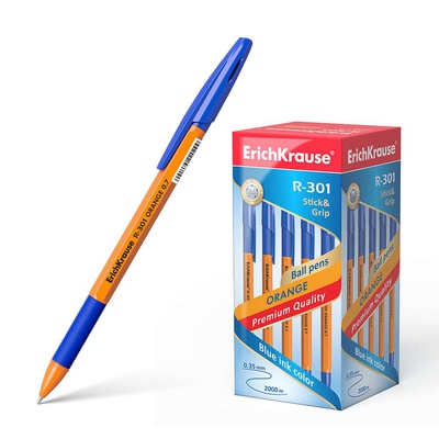 Ручка шариковая 0,7мм синяя ErichKrause R-301 Stick&Grip Orange, непрозрачный оранжевый шестигранный корпус. индивидуальная маркировка ЕК39531