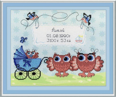 Набор для вышивания с нитками М.П.Студия 22х25см, МЕТРИКА (совята, голубая) РК-316