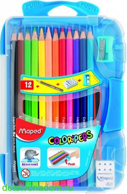 Карандаши  12 цв. MAPED ColorPeps Maped + точилка, ластик, мини ч/г карандаш, трехгранный корпус, в пластиковом пенале 832032