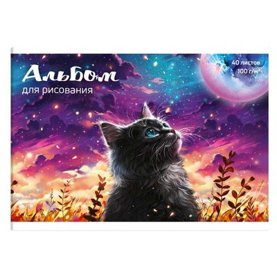 Альбом для рисования 40л. А4 на склейке "Кот и луна", блок 100 г/кв.м, обложка полноцветная печать сплошной УФ-лак, 69886