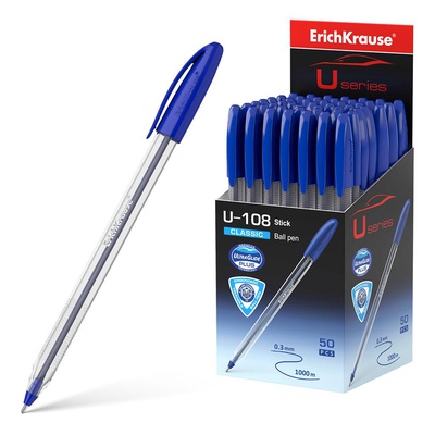 Ручка шариковая 1мм синяя ErichKrause® U-108 Classic Stick, Ultra Glide Technology, треугольный прозрачный корпус, ЕК47564