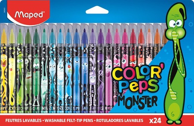 Фломастеры 24цв. Maped Color Peps Monster, смываемые чернила, заблокированный средний пищущий узел, декорированные, в картонном футляре с подвесом [845401]