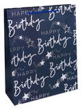 Пакет подарочный  26*32*12 "Счастливого дня рождения" синий, (L), матовая ламинация, тиснение фольгой, ПКП-2607