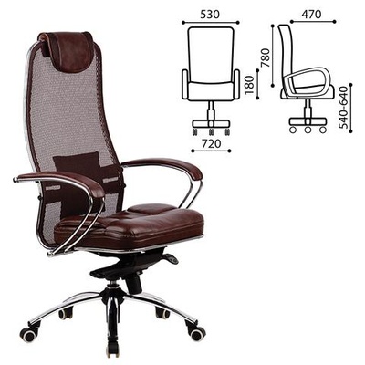 Кресло руководителя МЕТТА SAMURAI SL-1 темно-коричневая сетка (сетчатая ткань армированная высокопрочным арамидным волокном + натуральная кожа / сталь, покрыта зеркальным хромом / 120 кг ) 