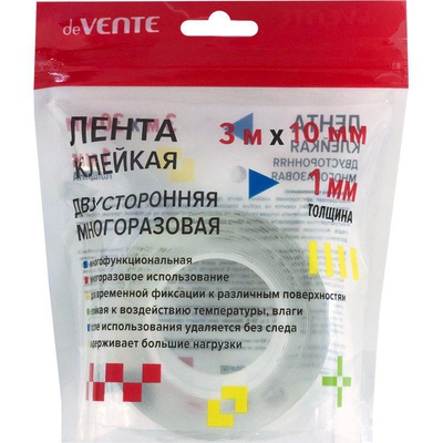 Клейкая лента  2-х ст. 10 мм x 3 м deVENTE. REPAIR & CRAFT, многоразовая, прозрачная, 1 мм, в зип пакете с европодвесом, 4163501