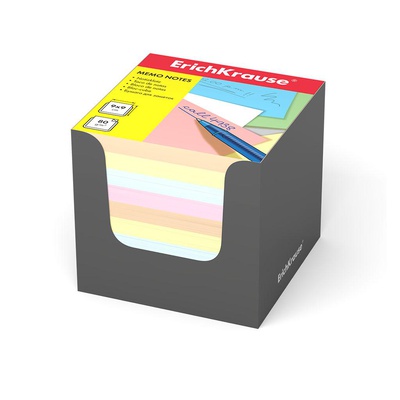 Блок для записей 9*9*9 см, непроклеенный, цветной, ErichKrause®, плотность 80 г/м², 4 цвета, в серой картонной подставке EK37012