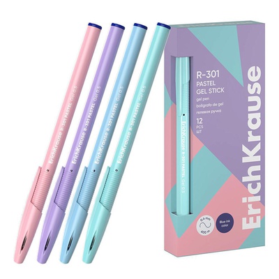 Ручка гелевая 0,5мм синий ErichKrause R-301 Gel Stick Pastel, с метал. наконеч., непрозрачный круглый корпус нежных пастельных цветов с удобной профилированной грип-зоной, [ЕК61289]