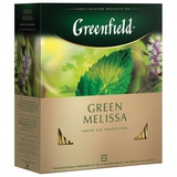 Чай GREENFIELD "Green Melissa", зеленый с мятой, 100 пакетиков в конвертах по 1,5г,  [620220]