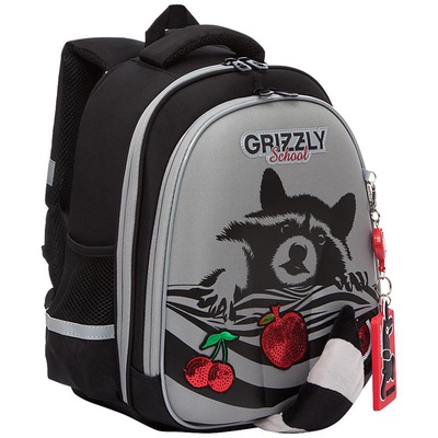 Рюкзак школьный Grizzly. Енот, 28*36*20см, 2отд., 2 бок. карм, укрепл. дно на резин. ножках, анатом. спинка, 100% полиэстер, серый, RAz-186-7/1