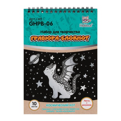 Гравюра-Блокнот 14*20см 10л. (голографический эффект (серебро)) на гребне Hobbius. Космический кот, листы с рисунком, 3+ (GHPB-06)