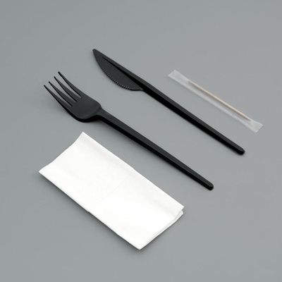 Набор одноразовой посуды 4 предмета ( нож, вилка, бумажная салфетка, зубочистка) черный, 6753502