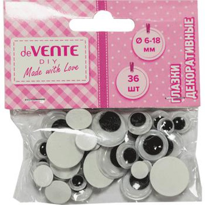 Глазки на клеевой основе, набор 36 шт, размер: 6мм/8мм/10мм/12мм/15мм/18мм, круглые пластиковые, черно-белый, deVENTE, 8001306