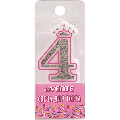 Свеча Цифра 4 deVENTE. Розовая принцесса, 5,8*3,8*0,8см, с серебряным рисунком, в пластиковой коробке с подвесом, 9060904