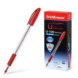 Ручка шариковая 1мм красная ErichKrause® U-109 Classic Stick&Grip, Ultra Glide Technology, трехгранный корпус, прозрачный, с рез. держателем, ЕК53744