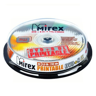 Диск оптический DVD+R Mirex 8,5Gb printable двуслойный, для струйной печати ( туба по 10 шт.)