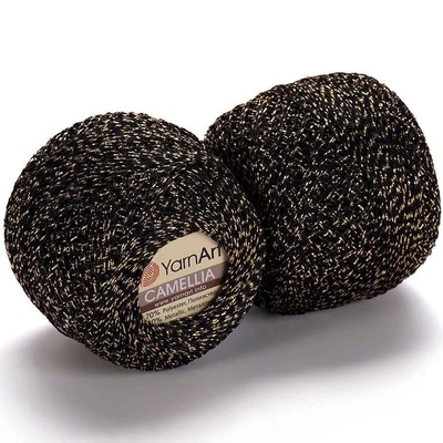 Пряжа Yarnart Camellia 50г/450м (91% полиэстер, 9% металлик), черный с золотом  413