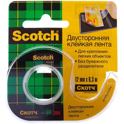 Клейкая лента  2-х ст. Scotch на мини-диспен. 12мм х6,3м прозрачная,  [072680]