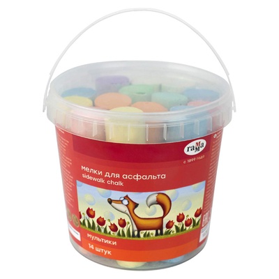 Мелки цветные для асфальта  14шт., 6цв., Гамма "Мультики",  круглые, пластиковое ведро , [171220211]