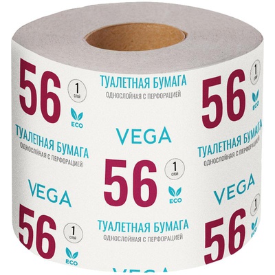 Бумага туалетная 1 слойная, 56м, Vega, серая, с перфорацией, на втулке соответствует ГОСТ Р 52354-2005.