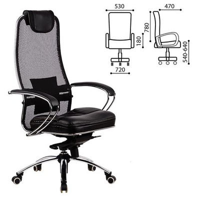 Кресло руководителя МЕТТА SAMURAIi SL-1 черная сетка (сетчатая ткань армированная высокопрочным арамидным волокном + натуральная кожа / сталь, покрыта зеркальным хромом / 120 кг ), механизм качания