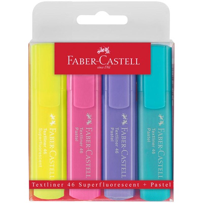 Набор текстмаркеров Faber-Castell "46 Superfluorescent+Pastel" 2 флуоресц.цв.+2 пастел.цв., 1-5мм, чехол с европодвесом 154610