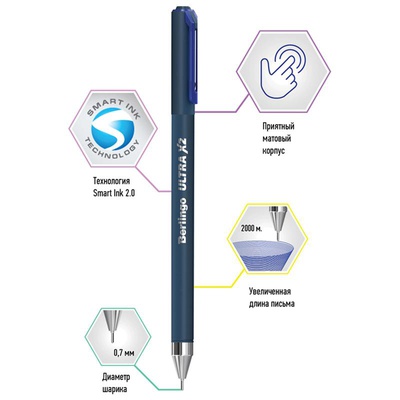 Ручка шариковая 0,7мм синяя Berlingo "Ultra X2", игольчатый стержень 309751