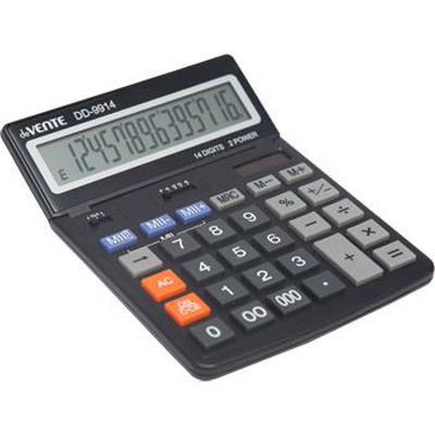 Калькулятор настольный deVENTE DD-9914 154x203x25, 14 разрядный, большой экран, подъемный дисплей, двойное питание, двойная память, автоматическое вычисление процентов, клавиша "00" и "000"  коррекция последнего значения, функция смены знака, автоматическое отключение, прорезиненные ножки, крупные клавиши, черный, в картонной коробке, 4031335