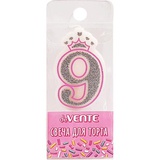 Свеча Цифра 9 deVENTE. Розовая принцесса, 5,8*3,8*0,8см, с серебряным рисунком, в пластиковой коробке с подвесом, 9060909