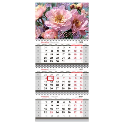 Календарь квартальный 2027г., 3бл. на 3-х гребнях  29,5 х 66см BG "Пионы", с бегунком, 390921