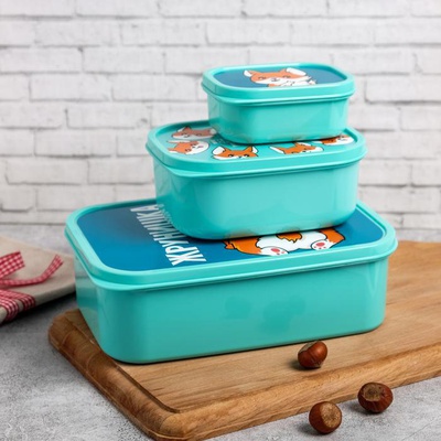 Набор Ланч-боксов (пластик) 1,2л /0,5л / 0,15л. "Жрунишка" (квадратный), 4569138, 4933697