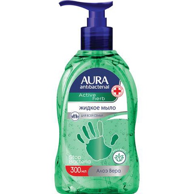 Мыло-крем жидкое 300 мл, AURA "Antibacterial", антибактериальное, "Экстракт алоэ", дозатор, 28427, 6514