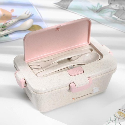 Ланч-бокс (пластик) 800 мл, "Зайчата", 21×14×8 см, с вилкой и ложкой, цвет МИКС, (прямоугольный), 6912002