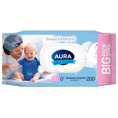 Салфетки влажные 200шт. Aura "Ultra comfort", детские, очищающие, без спирта, крышка - клапан  8839
