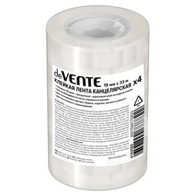 Клейкая лента 19 мм x33 м, прозрачная, 35 мкм, КОМЛЕКТ 4шт., пластиковая втулка, deVENTE 4162505
