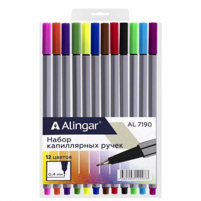 Набор капиллярных ручек 12шт. 12цв. Alingar, 0,4 мм, шестигранный пластиковый серый корпус, ПВХ чехол, европодвес, [AL7190]