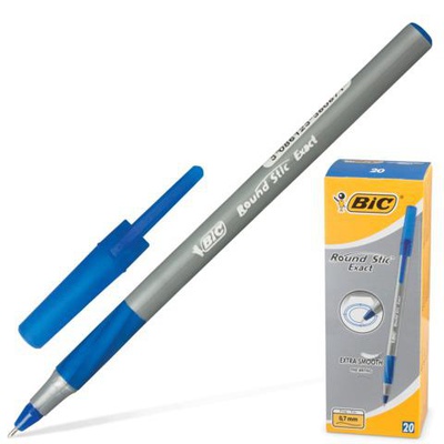 Ручка шариковая 0,7мм синяя BIC "Round Stic Exact", корпус серый, резиновый держатель, одноразовая 918543