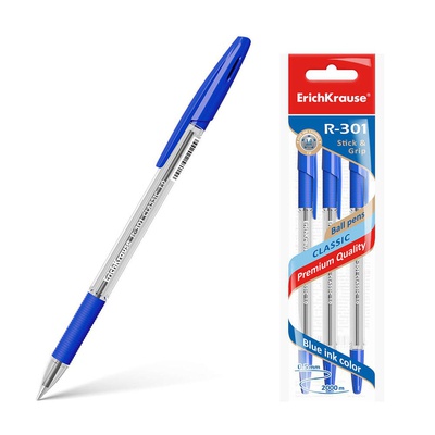 Набор шариковых ручек 3 шт. 1 цвет,  ErichKrause R-301 Stick&Grip Classic 1.0, 0,5мм, синие, ЕК42747